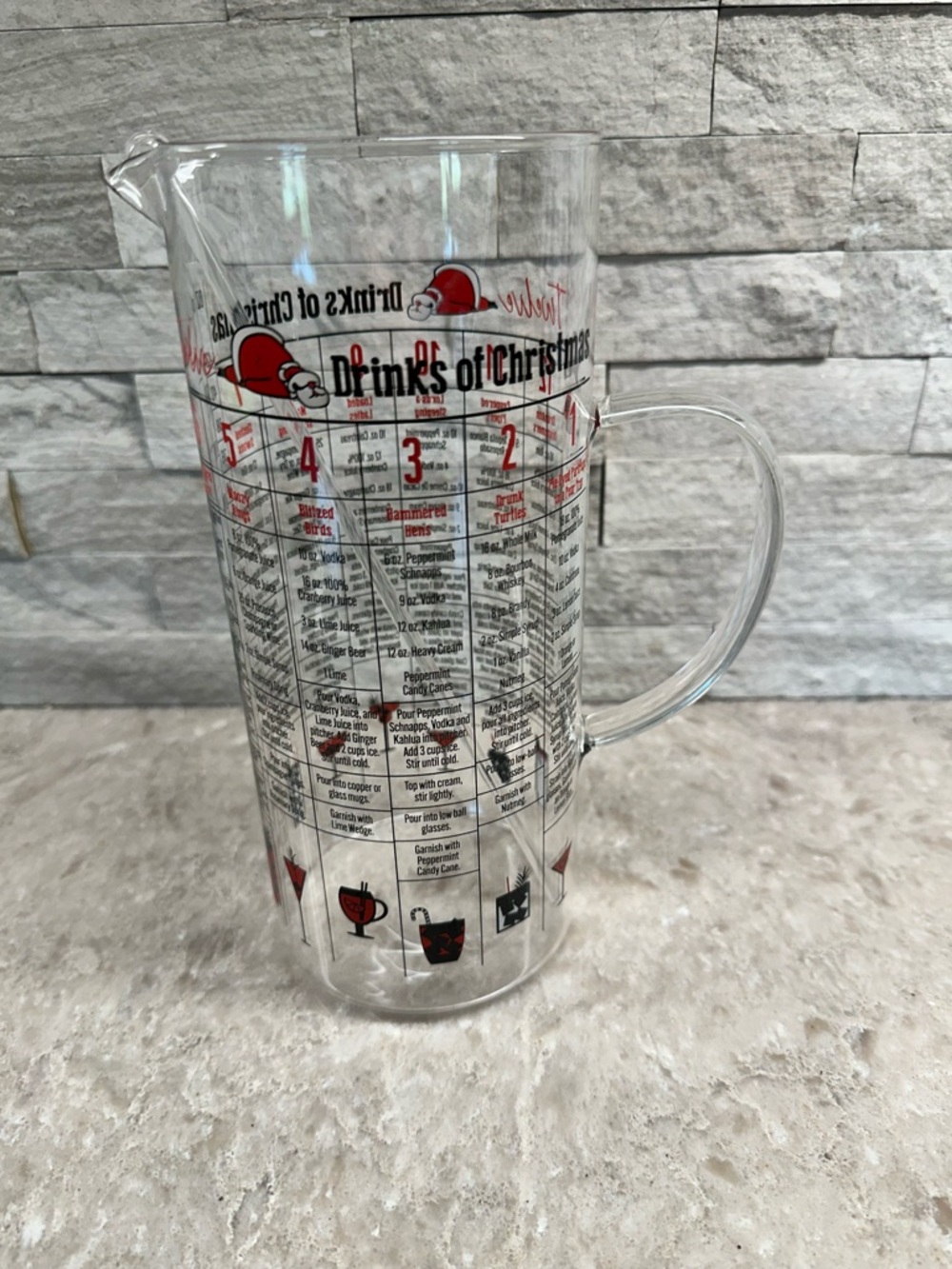 Twelve Drinks of Christmas Glass Cocktail Pitcher W/ Stir Stick